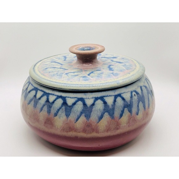 Studio Art Pottery Red Clay Serving Dish w/Lid Pink/blue Ombre Artist signed Lee - Picture 1 of 11
